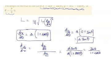 The length of normal to the curve `x=a(theta+sin theta), y=a(1-cos theta),` at `theta=(pi)/(2)` is