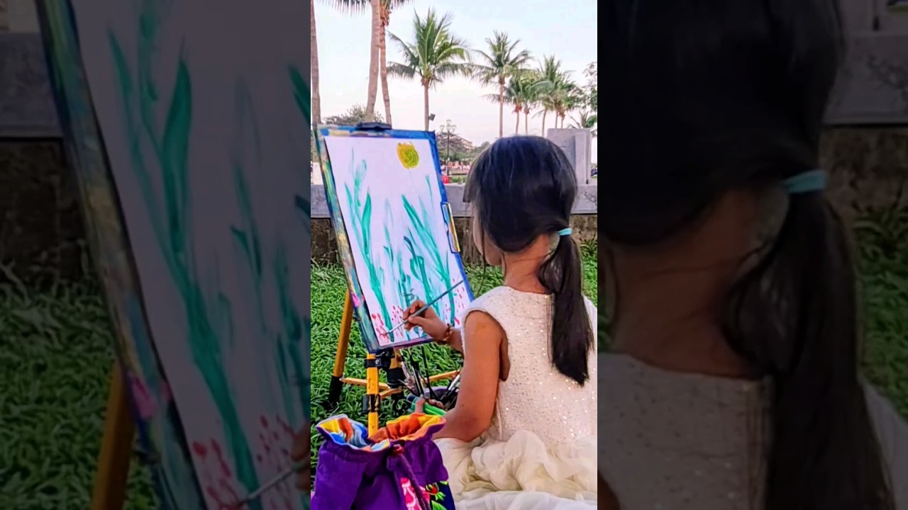 4-year-old kid artist painting a road, trees, the moon, and flowers | Acrylic painting | Mia Mai Art