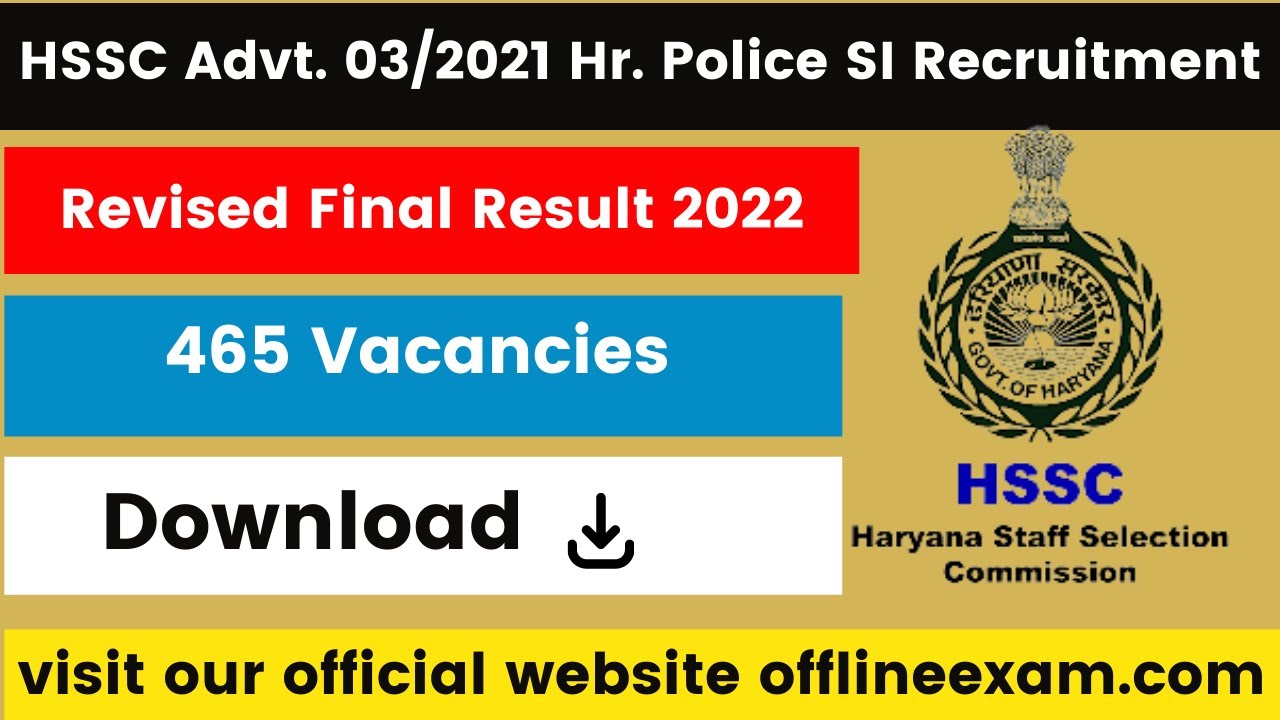HSSC Advt. 03/2021 Haryana Police SI Revised Final Result 2022 | 