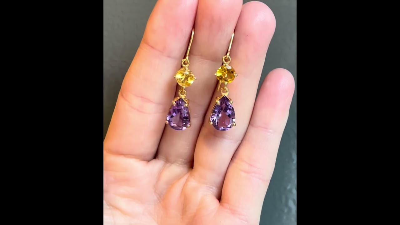Vintage Amethyst Citrine Gold Teardrop Earrings