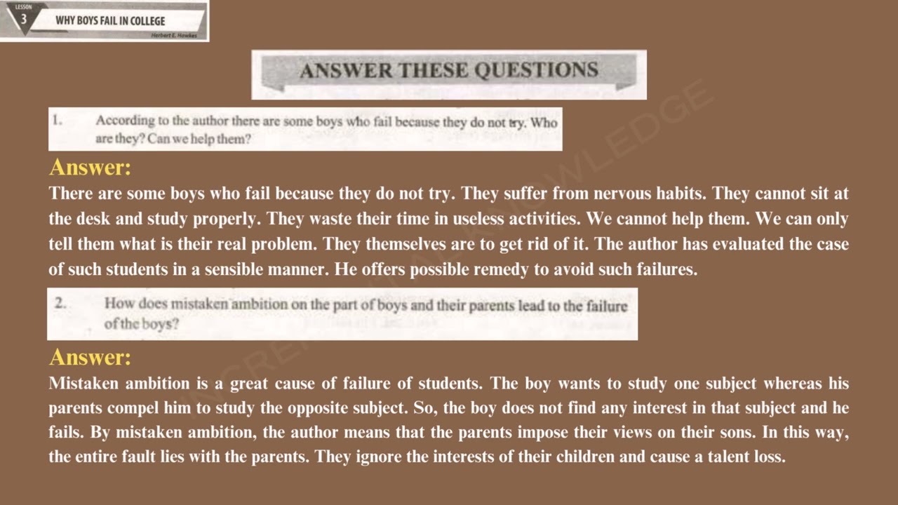 2nd year English | Chapter 3 Why Boys Fail in College | Exercise | Questions and Answers | 12 class