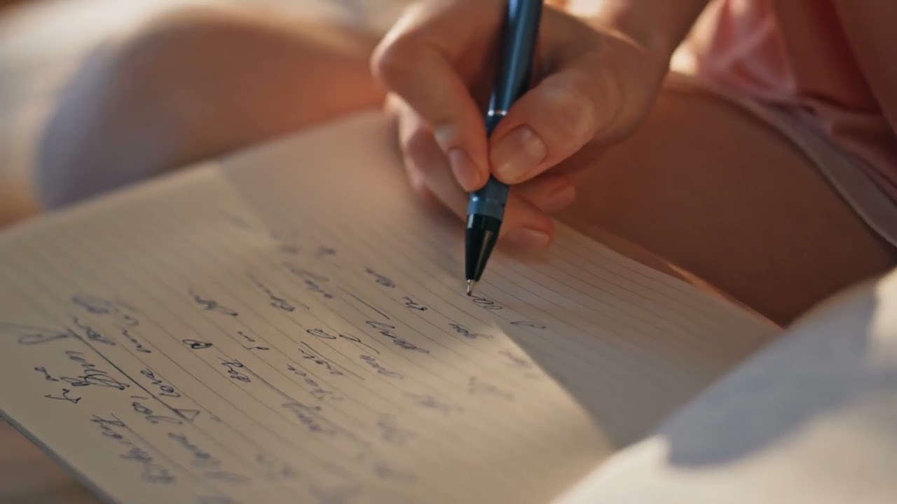 closeup hand journaling in diary in golden sunlight unknown romantic girl writing a SBV 348897602 HD