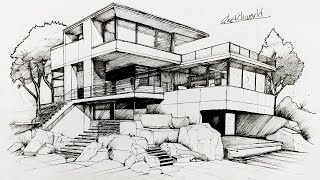 Drawing a two-point perspective of a villa with a black ink pencil
