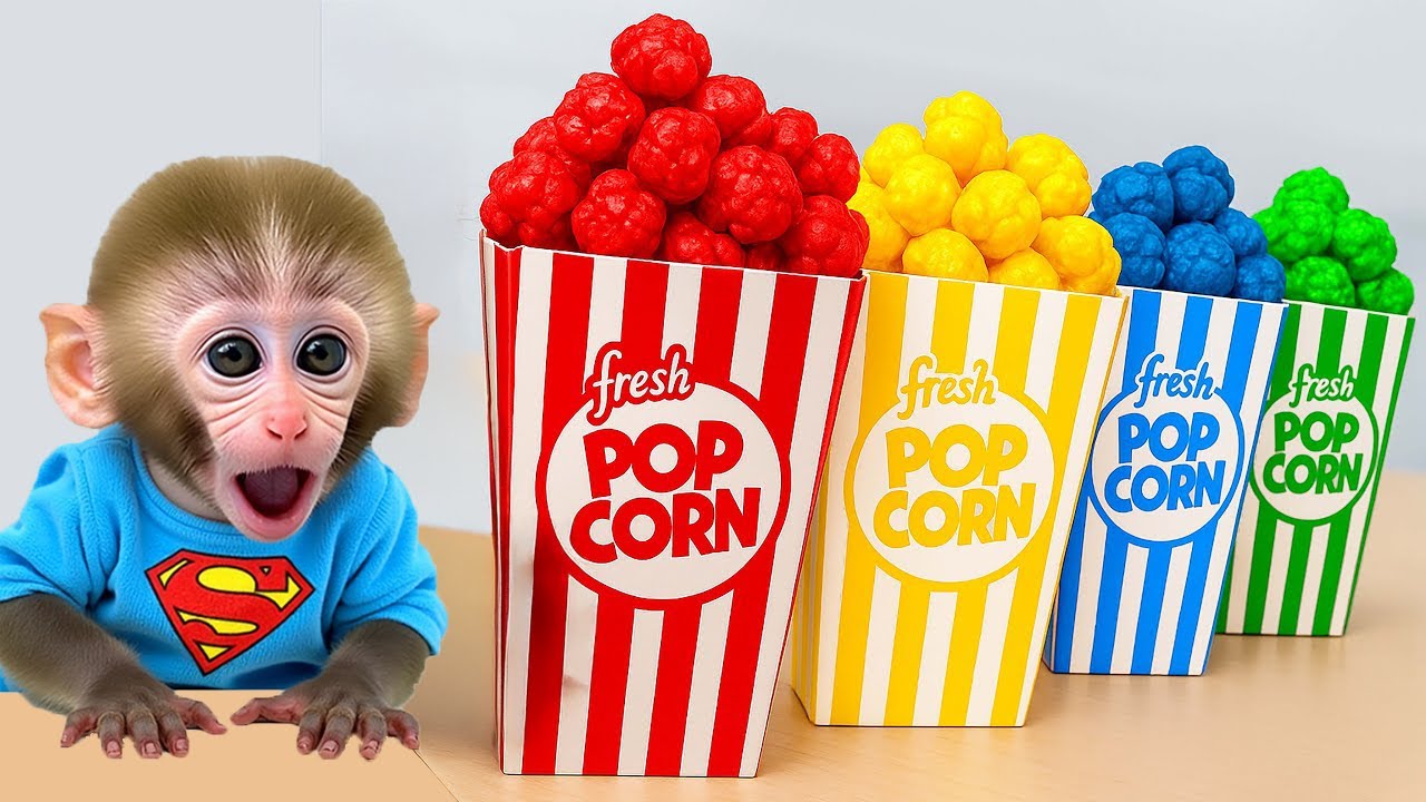 Monyet Bon Bon Imut senang dengan hujan popcorn pelangi dan menjadi kakak yang baik merawat bebek