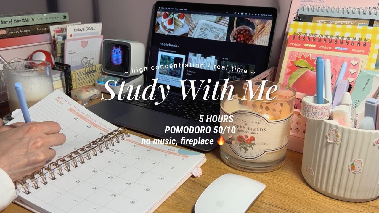 5-HR STUDY WITH ME 🔥🪵 fireplace, no music [50/10 Pomodoro] 📚 Countdown ...
