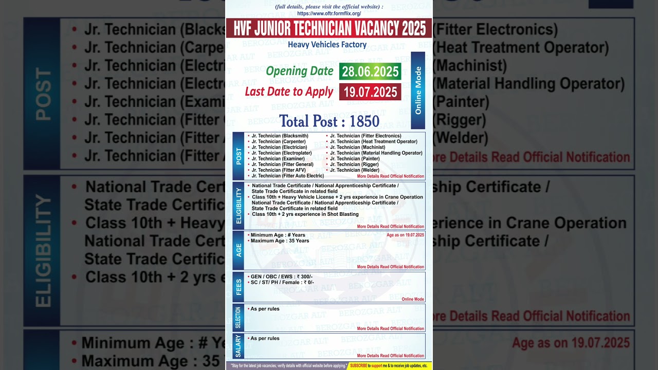 HVF Junior Technician Vacancy 2025 | Heavy Vehicles Factory Vacancy 2025