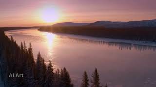 Sunset Over Frozen Arctic River 🌅❄️ Amber Light, Spruce Forest & Distant Hills | AI Winter Ambience