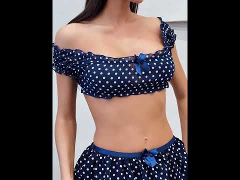 Жіночий сексуальний комплект "Весна" у горошок із гартерами (Розмір s, m, l, xl), синій, видео 1