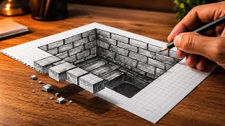 Drawing a 3D Brick Pit Illusion on Grid Paper Step-by-Step