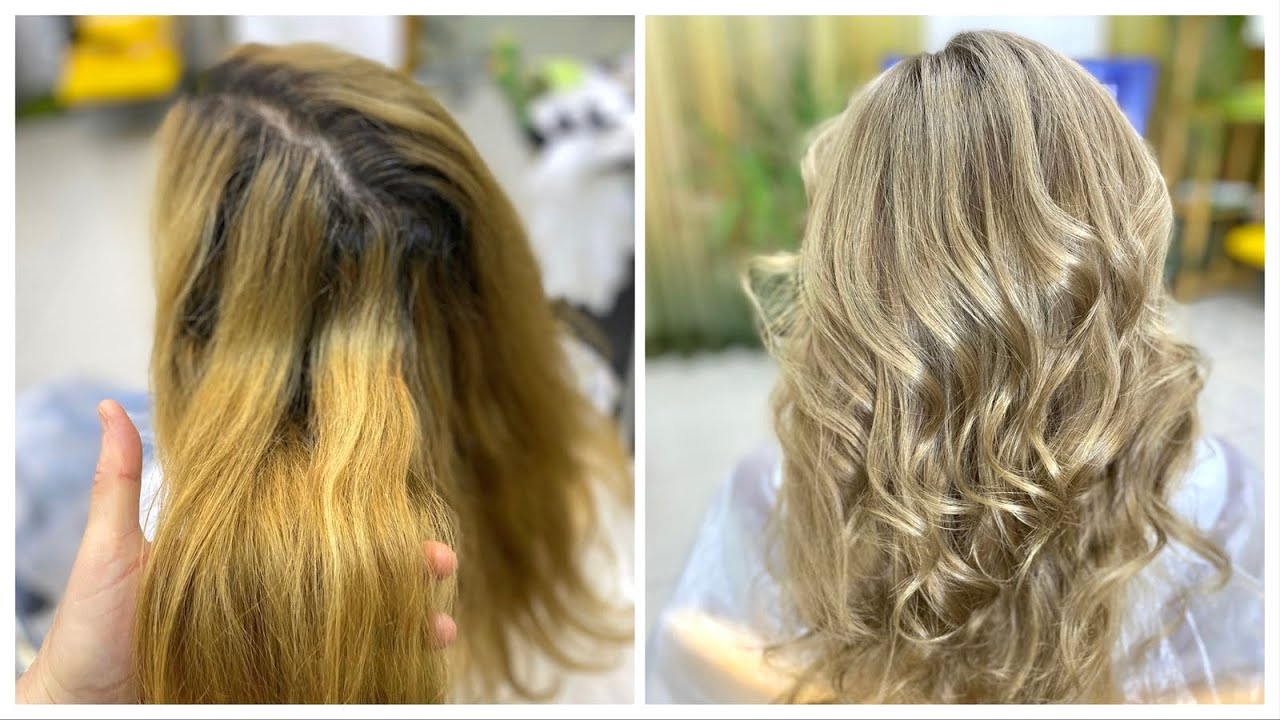 Бежевый блонд с затемненным корнем, без обесцвечивания 😍  Осветление темных волос крем краской