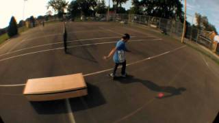 Backside five-O, frontside 180 out. Tricktip