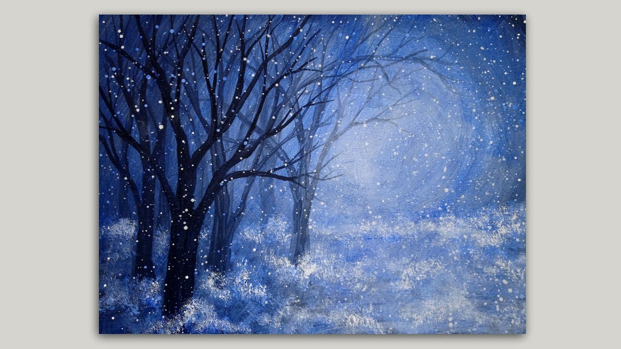 Acrylic Painting Blue Forest Snowfall: Grayscale to Monochromatic ...