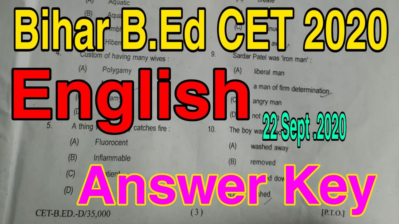 Bihar B.Ed CET 2020 Exam Answer key,Bihar B.Ed. Combined Entrance Test 2020 answer Key of English