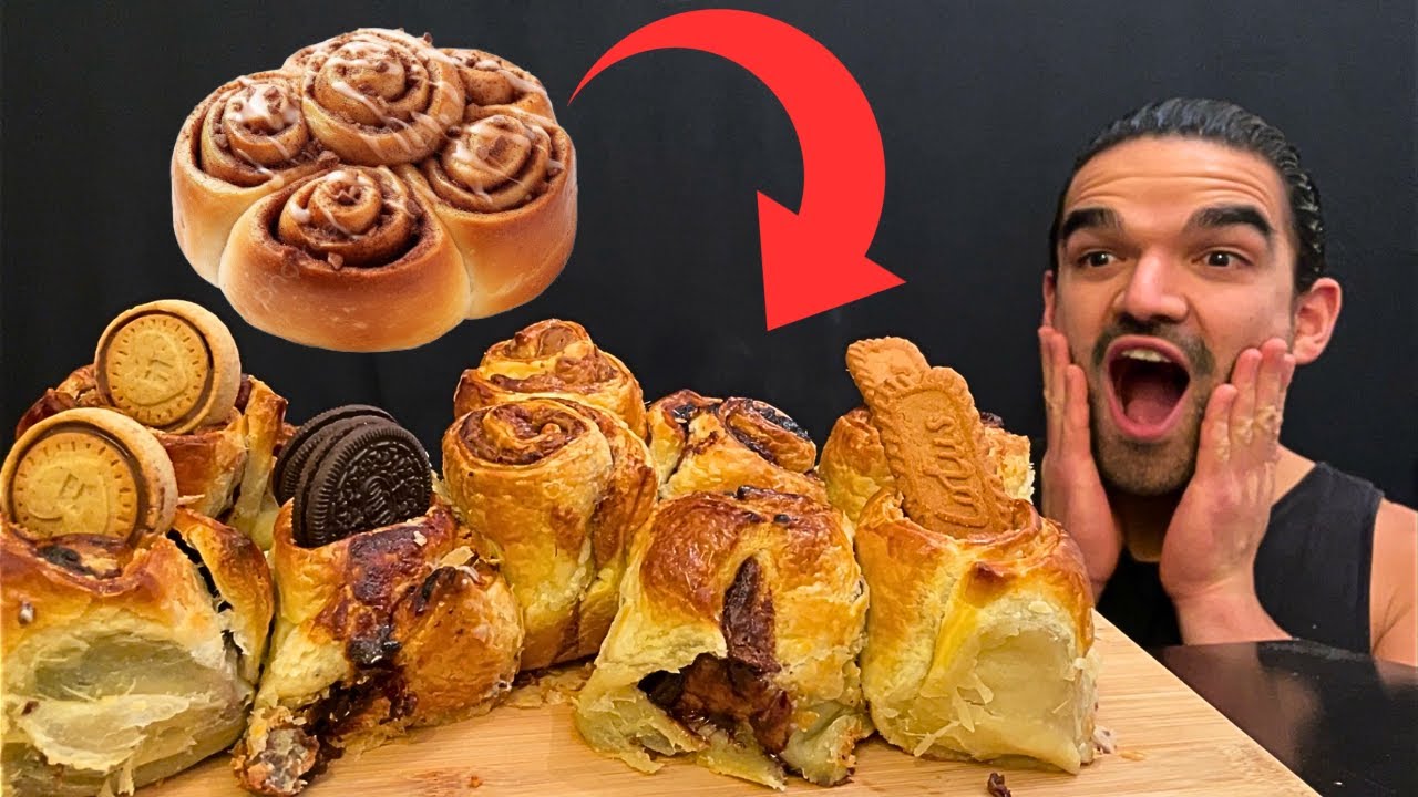 ASMR MUKBANG GIANT SWEET CINNAMON ROLLS, NUTELLA, OREO, BISCOFF, PEANUT BUTTER, EATING SOUNDS