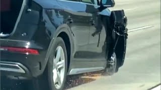 Car Tears Down Freeway on 3 Wheels With Open Tailgate