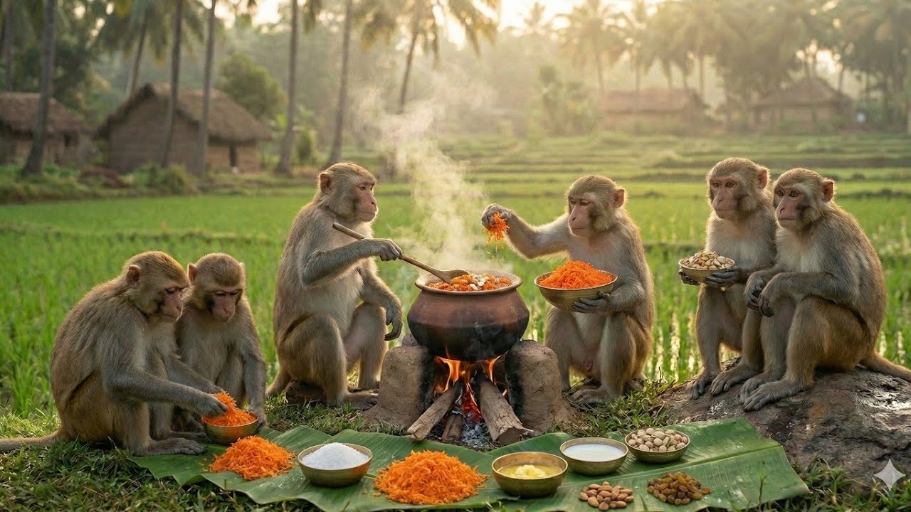 बंदरों ने मिलकर बनाया गाजर का हलवा 😱 | Monkeys Cooked Gajar Ka Halwa Together | Monkey Food Cooking 