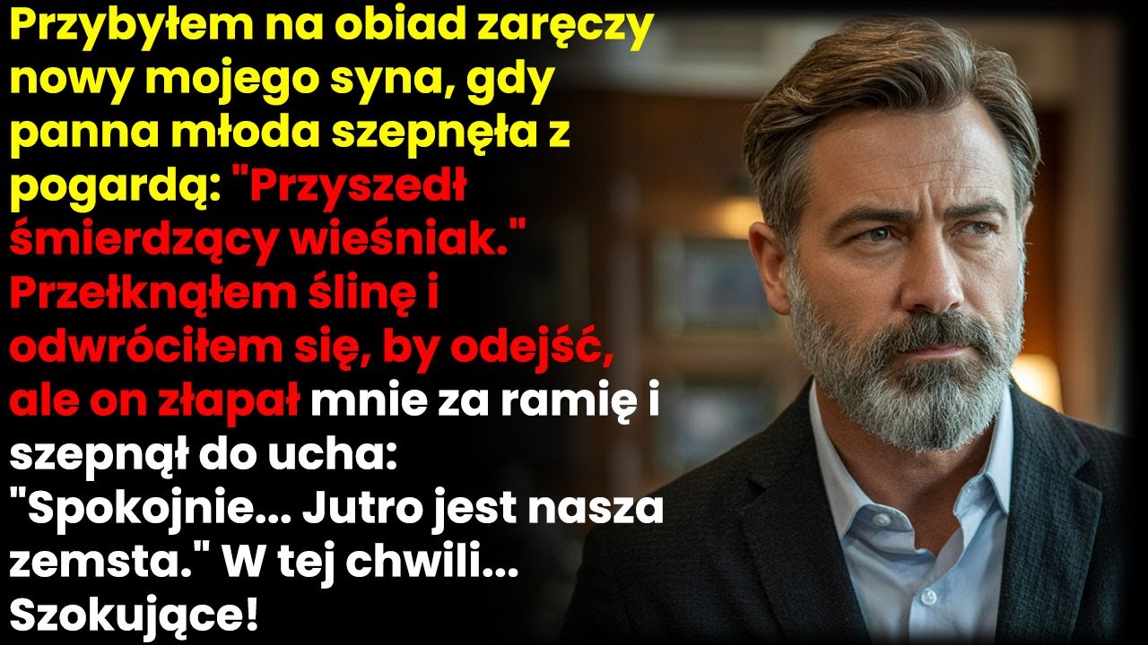 Stałem na progu sali bankietowej, czując się jak intruz. Moje buty stukały o marmur, a pani Elżbieta patrzyła na mnie jak na karalucha. Wtedy Weronika, moja przyszła synowa, szepnęła do matki:...