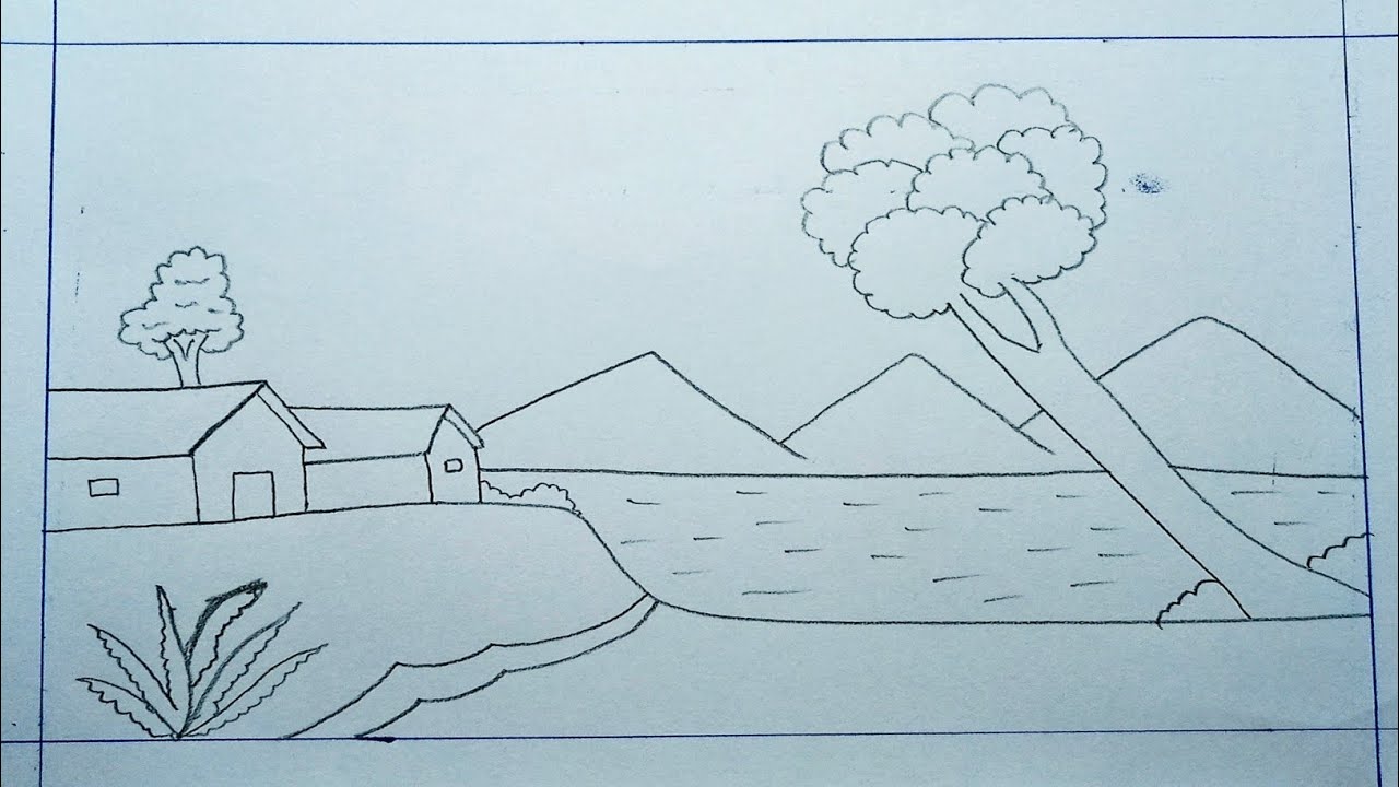 How To Draw Beautiful Village Scenery | Very Beautiful Scenery Drawing | Village Drawing Easy | 
