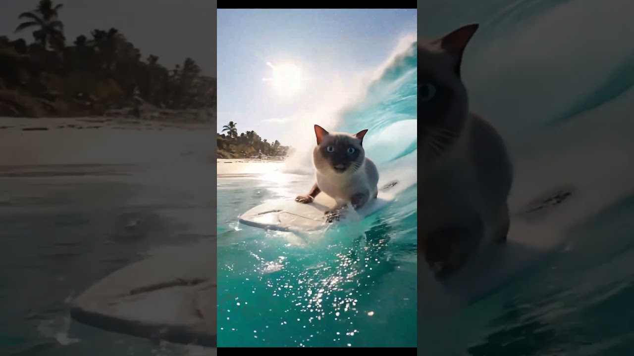 CAT SURFING ON THE OCEAN WAVE 