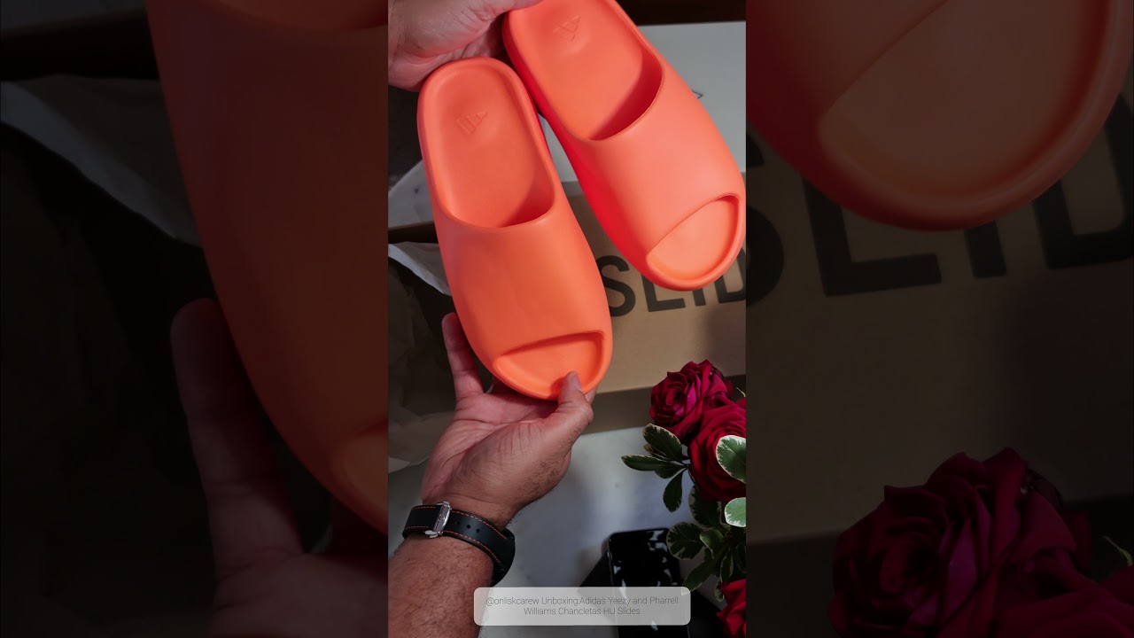 Really small Yeezy Slide Enflamed Orange and Pharrell Williams Chancletas HU Slides Unboxed