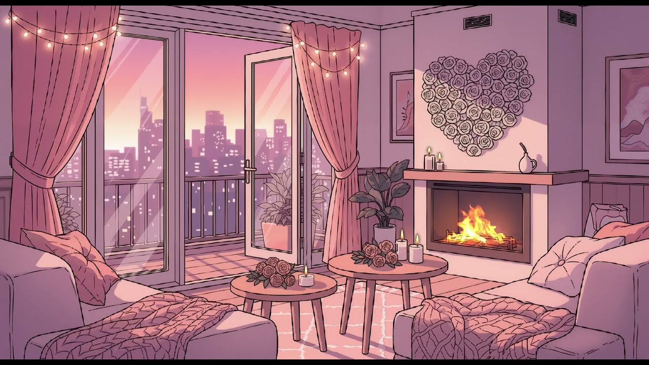 Valentine Pink City View Room 🌸 | Cozy Lofi Study Music by the Fireplace Chill Evening Vibe
