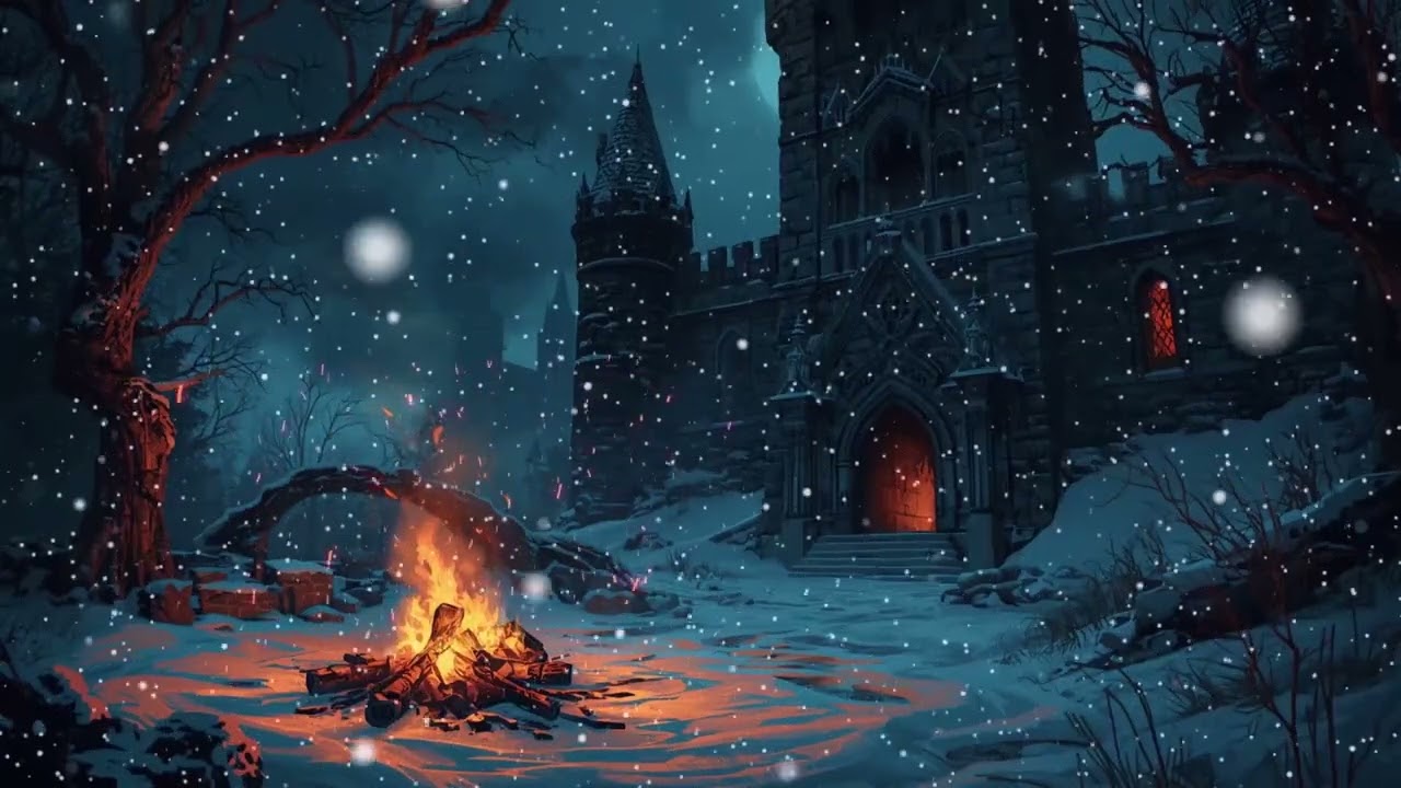 Campfire at the Midnight Forgotten Castle 🔥 Dark Fantasy Winter Ambience 🦉 Relax • Study • Sleep