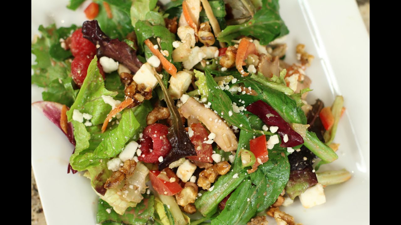 Cranberry Vinaigrette Over This Amazing Salad With Raspberries, Walnuts, Feta, And More.