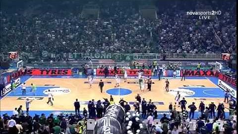 Fans of Panathinaikos attacking Olympiacos bench at OAKA