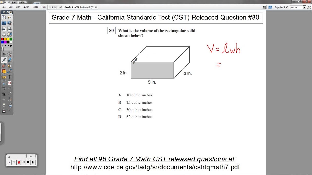 Grade 7 Math - CST Released Question #80 (Volume of Rectangular Solids)