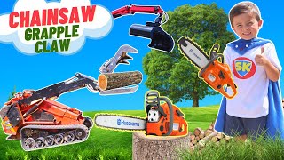 Chainsaw tree cutting with kids tractor, skid steer, grapple truck, bucket truck and ditch witch