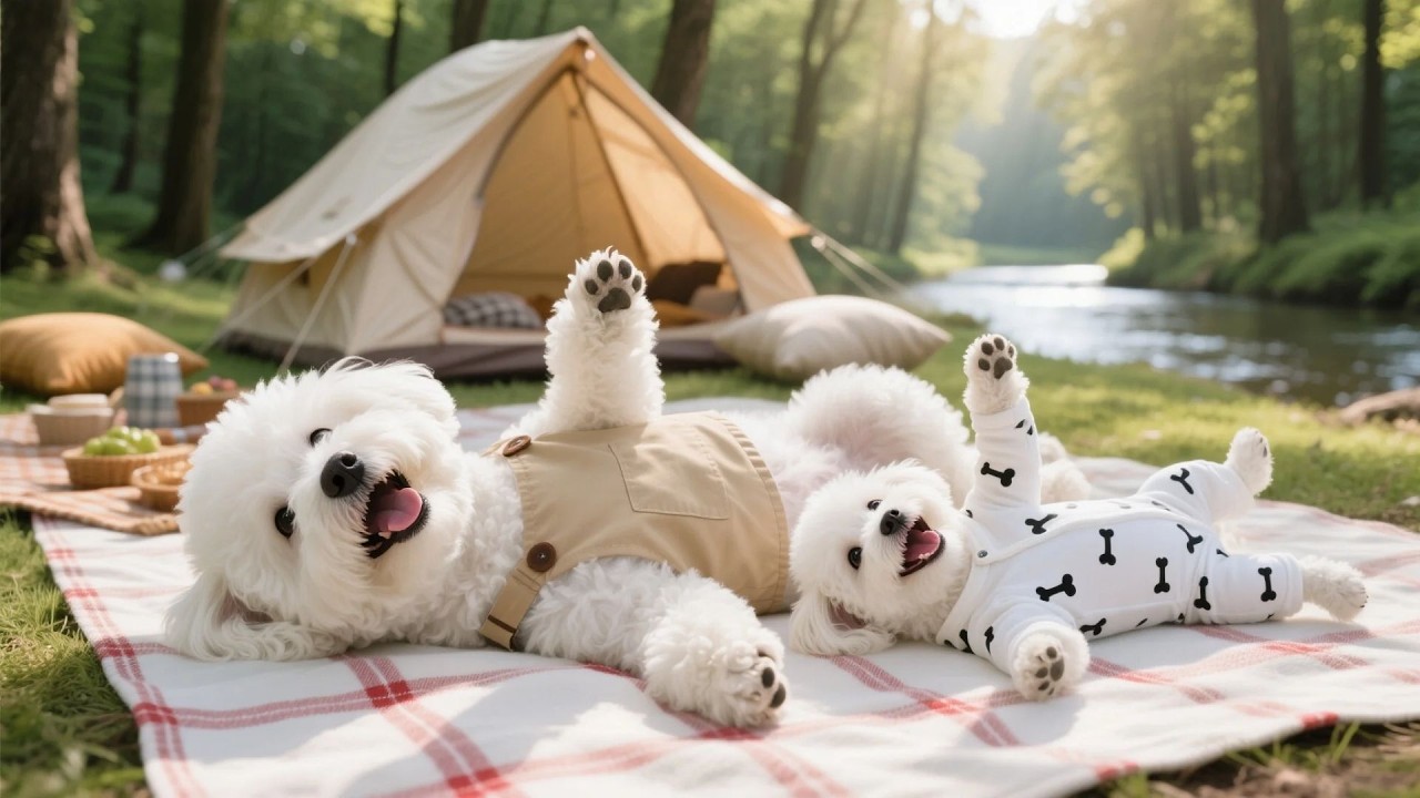 Baby Puppy And Mom Dog Camping In Nature 🌿🐶, Setting Up A Tent, Fishing, And Sleeping In The Forest
