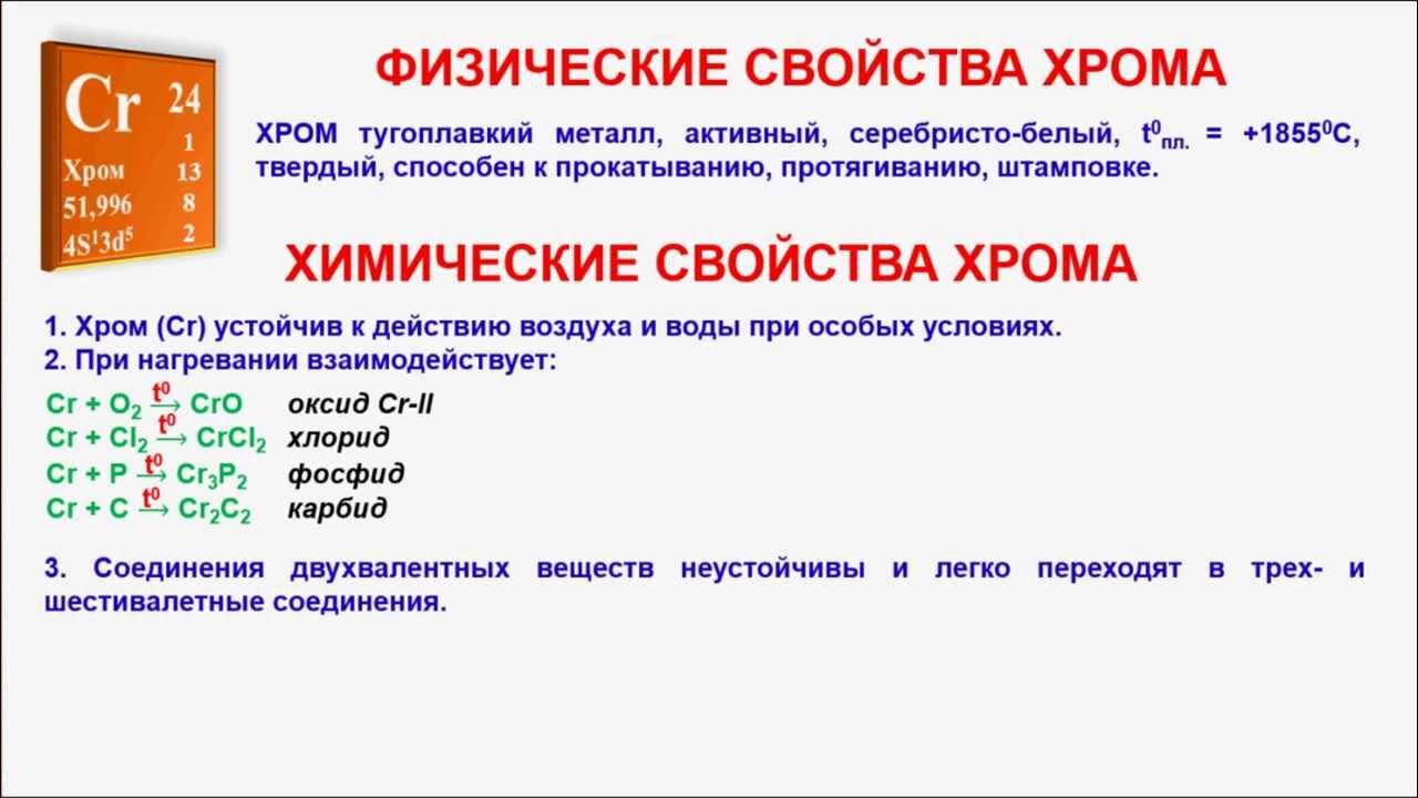 Взаимодействие хрома с водой. Химические свойства соединений хрома 2. Физико-химические свойства хрома. Химические свойства хрома 3. Таблица химические свойства соединений хрома.