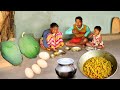 santali tribe grand mother cooking PAPAYA EGG curry for their lunch||rural tribe community in bengal