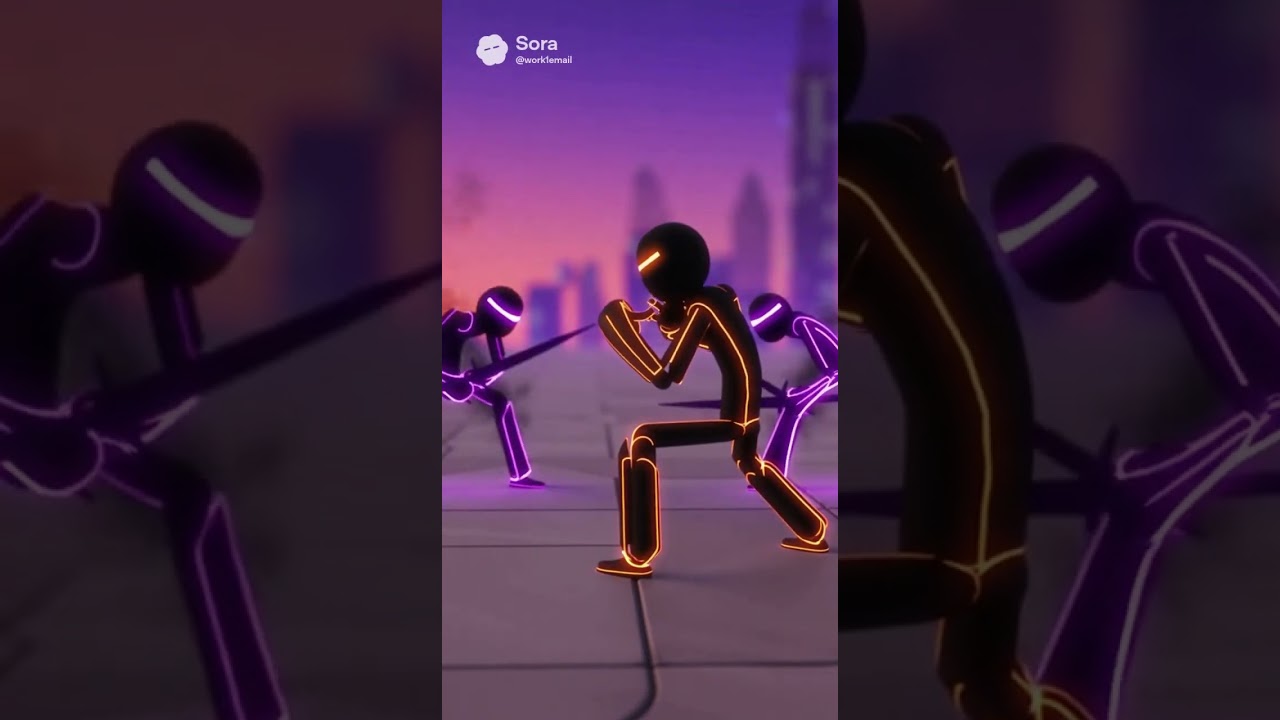 One vs Three! EPIC Neon Stickman Battle in the Sunset City (Sci-Fi Animation).
