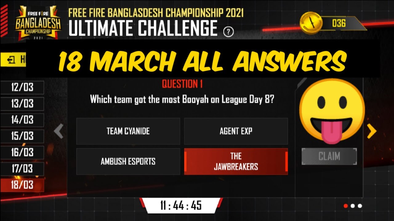 18 March eSports ultimate challenge answers | Free Fire Quiz All Answers | Garena