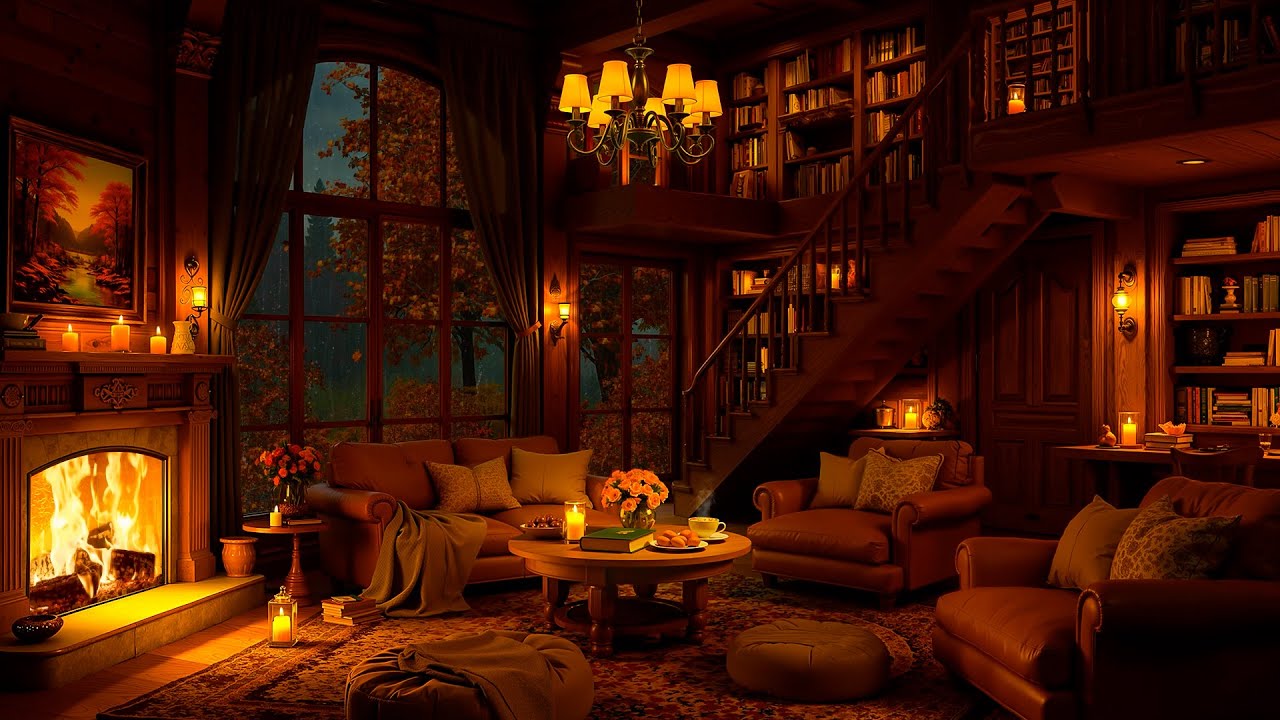 Cozy Autumn Cottage Ambience with Soft Jazz 🍂 Warm Fireplace & Rain Sounds for Relaxation, Sleep