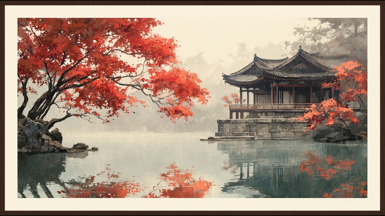 Kyoto Temple Landscape | Japanese Maple & Koi Pond Framed Art for TV Display | Peaceful Frame TV Art