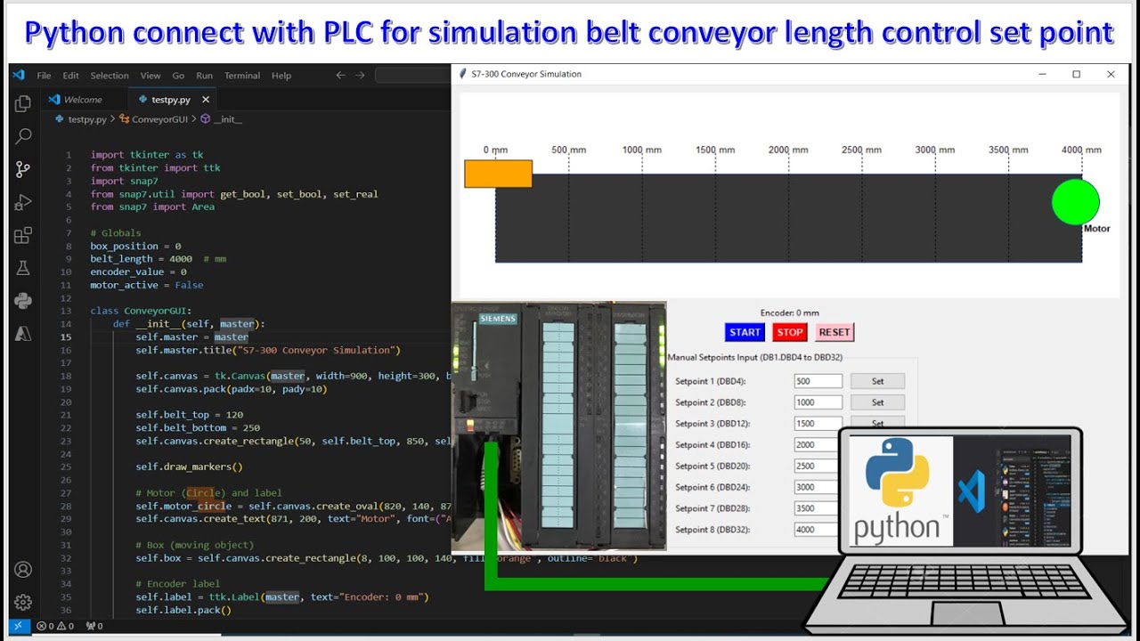 Python connected with PLC S7-300 for control belt conveyors animation ...