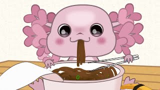 Cute Mukbang Animation Axo Eating Brown Noodles And Sushi