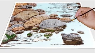 How to Paint Rocks In a River For Beginners / Acrylic Painting Rocks And Water / VERY EASY