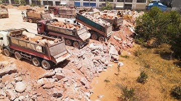 Be Carefully Move On Stone Task! Powerful KOMATSU Bulldozers Team With Dump Trucks Process