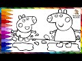 Dibuja y Colorea A Peppa Pig Y George Pig Saltando En Charcos Lodosos 🐷🌧️⛆ Dibujos Para Niños