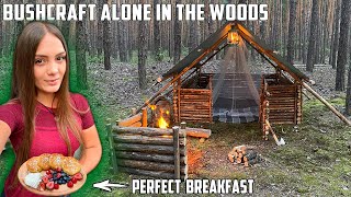 Overnight alone in the woods  build bushcraft shelter  Amazing Outdoor breakfast on fire