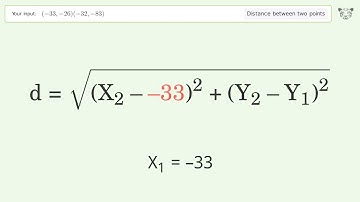 Find the distance between two points p1 (-33,-26) and p2 (-32,-83): Step-by-Step Video Solution