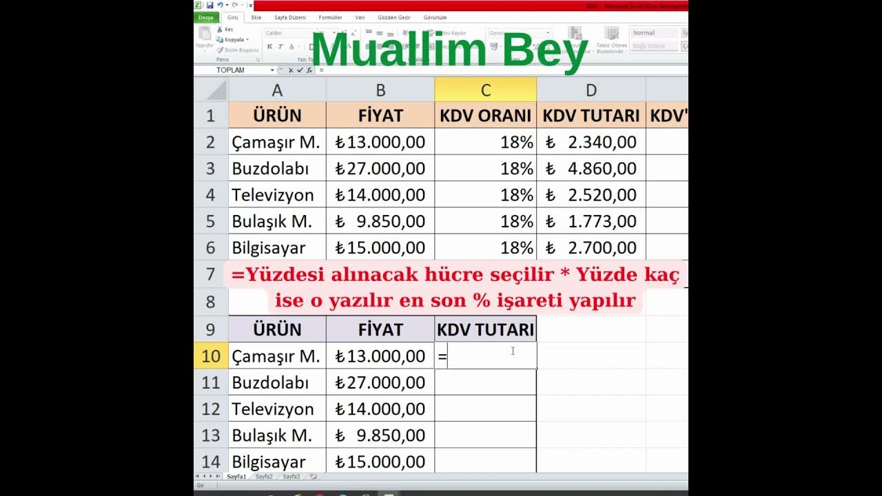 Excel KDV hesaplama Yüzde alma işlemi YouTube