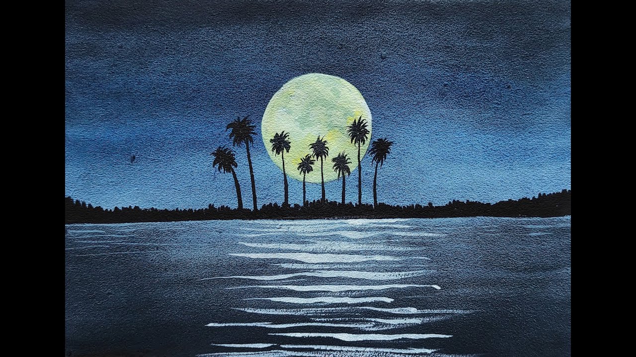 Full Moon, Coconut Tree With Blue Sea Painting Idea | Painting For