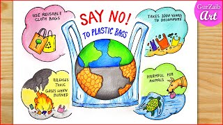 Plastic Bag Free Day Poster Drawing / stop plastic chart project - ban plastic