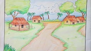 How To Draw A Village Scenery || Easy Scenery