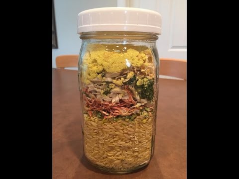 Dehydrated chicken soup in a jar - delicious, able to be stored long term and inexpensive!