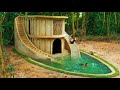 100 Days Build Underground Two Story Villa with Grass Roof and Waterslide To Swimming Pool